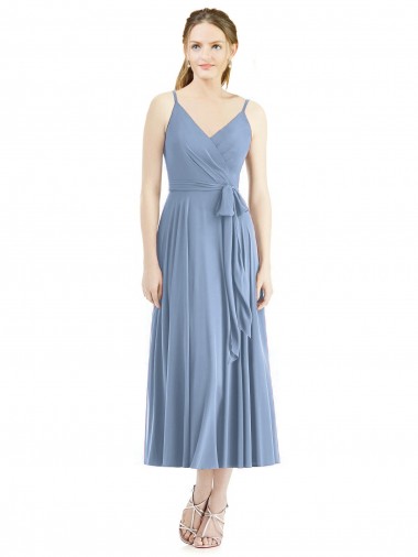 Compra Azul polvoriento línea A Tirantes espagueti Gasa Corto Vestidos de dama de honor