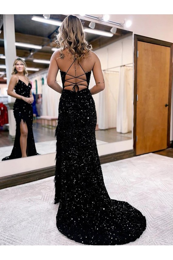 Compra Azul real Cubierta Cuello en V Barrer tren Lentejuelas Terciopelo Largo Vestidos de fiesta