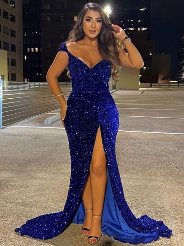 Compra Azul real Cubierta Cuello en V Barrer tren Lentejuelas Terciopelo Largo Vestidos de fiesta