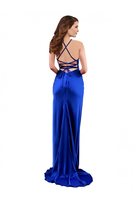 Compra Azul real Cubierta Satén sedoso Largo Formales Vestidos de dama de honor / Vestidos de fiesta