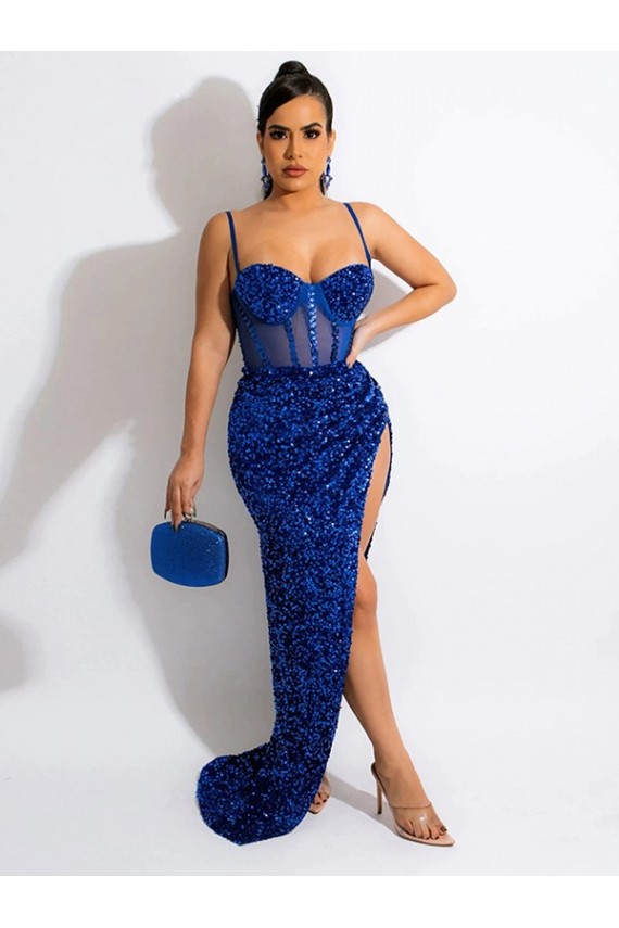 Compra Azul real Cubierta Tirantes espagueti Barrer tren Lentejuelas Terciopelo Largo Vestidos de fiesta
