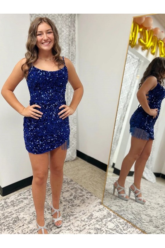 Compra Azul real Cubierta Tirantes espagueti Corto Lentejuelas Terciopelo Corto Vestidos de fiesta