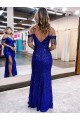 Compra Azul real Cubierta Tirantes espagueti Cuello en V Lentejuelas Terciopelo Largo Vestidos de fiesta