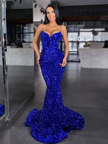 Compra Azul real Sirena Tirantes espagueti Barrer tren Lentejuelas Terciopelo Largo Vestidos de fiesta