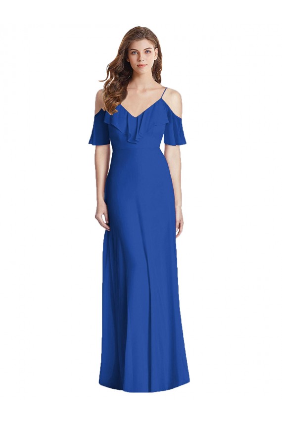 Compra Azul real Trompeta Tirantes espagueti Cuello en V Gasa Largo Vestidos de dama de honor