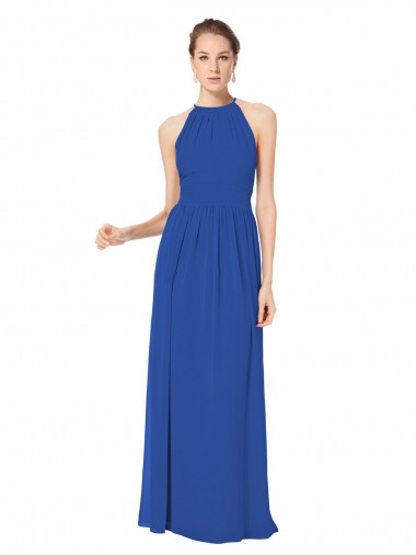 Compra Azul real línea A Halter Gasa Largo Vestidos de dama de honor