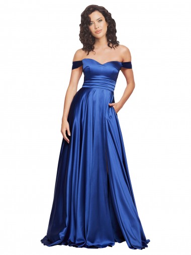 Compra Azul real línea A Hombros Descubiertos Barrer tren Satén elástico Largo Formales Vestidos de dama de honor / Vestidos de fiesta