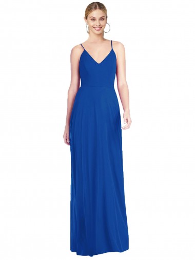 Compra Azul real línea A Tirantes espagueti Cuello en V Gasa Largo Vestidos de dama de honor