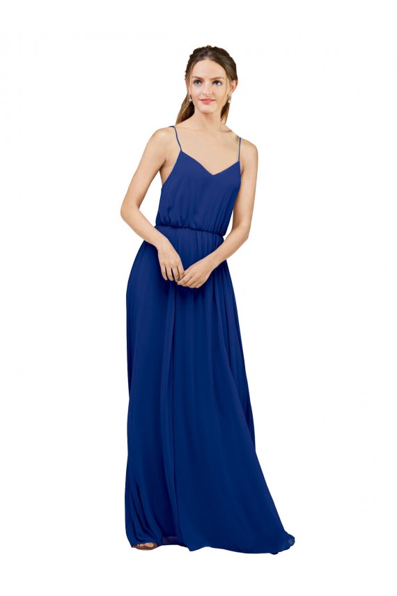 Compra Azul real línea A Tirantes espagueti Gasa Largo Vestidos de dama de honor