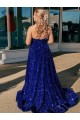 Compra Azul real línea A Un Hombre Barrer tren Lentejuelas Terciopelo Largo Vestidos de fiesta