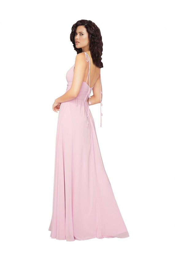 Compra Barely rosa línea A Cuello en V Gasa Largo Vestidos de dama de honor