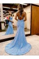 Compra Bígaro Cubierta Cuello en V Barrer tren Lentejuelas Terciopelo Largo Vestidos de fiesta