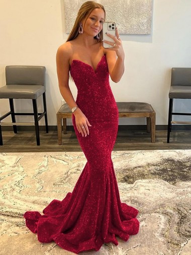 Compra Borgoña Cubierta Cuello de Corazón Barrer tren Lentejuelas Terciopelo Largo Vestidos de fiesta