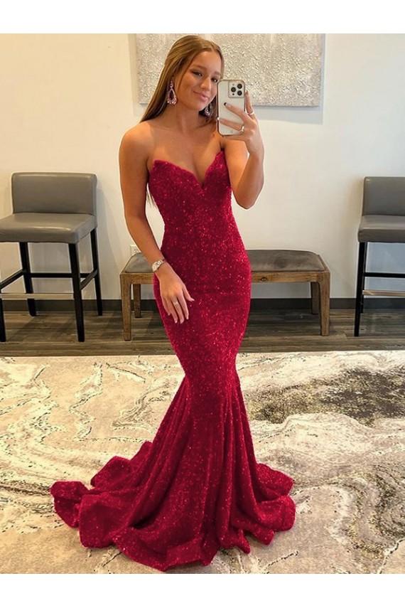 Compra Borgoña Cubierta Cuello de Corazón Barrer tren Lentejuelas Terciopelo Largo Vestidos de fiesta