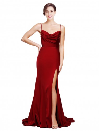 Compra Borgoña Cubierta Tirantes espagueti Barrer tren Satén elástico Largo Formales Vestidos de dama de honor / Vestidos de fiesta
