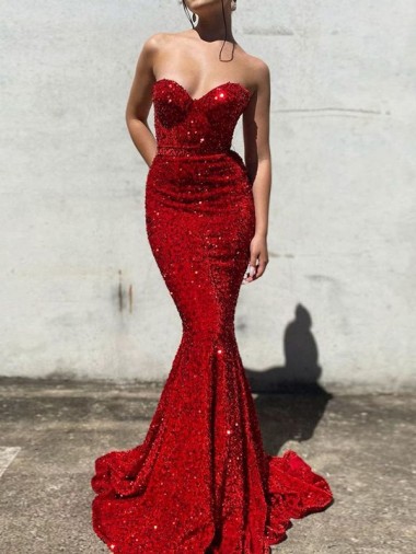 Compra Borgoña Sirena Cuello de Corazón Cola corte Lentejuelas Terciopelo Largo Vestidos de fiesta