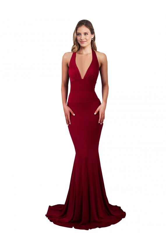 Compra Borgoña Sirena Halter Cuello en V Spandex Largo Formales Vestidos de dama de honor / Vestidos de fiesta