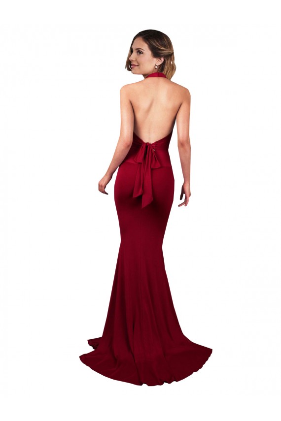 Compra Borgoña Sirena Halter Cuello en V Spandex Largo Formales Vestidos de dama de honor / Vestidos de fiesta