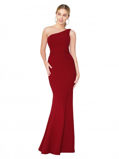 Compra Borgoña Sirena Un Hombre Cuello Alto Crepé Elástico Largo Formales Vestidos de dama de honor / Vestidos de fiesta