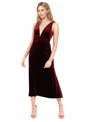 Compra Borgoña línea A Cuello en V Midi Terciopelo Elástico Corto Vestidos de dama de honor / Vestidos de fiesta / Vestidos de cóctel