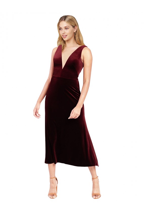 Compra Borgoña línea A Cuello en V Midi Terciopelo Elástico Corto Vestidos de dama de honor / Vestidos de fiesta / Vestidos de cóctel