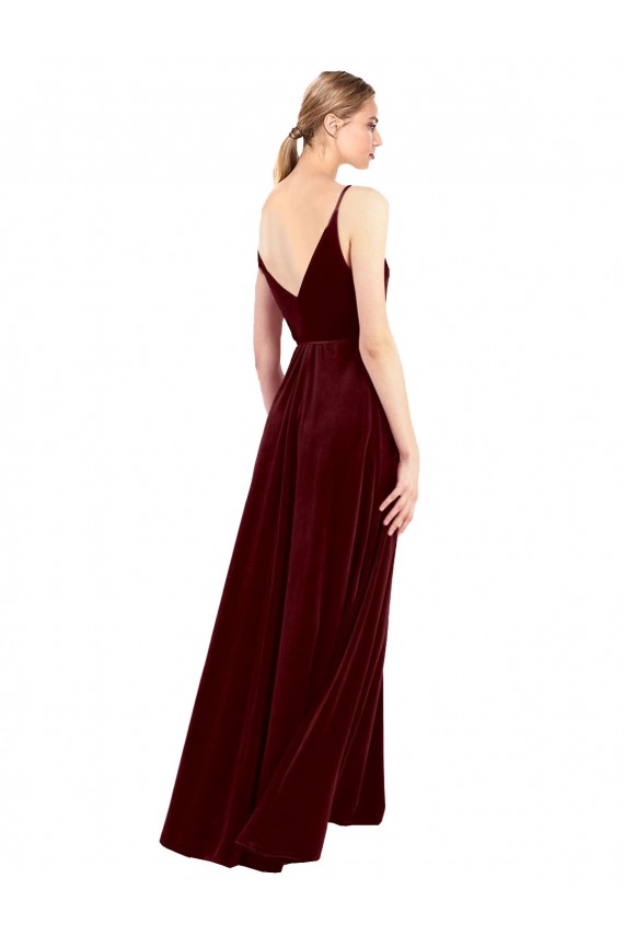 Compra Borgoña línea A Cuello en V Terciopelo Elástico Largo Formales Vestidos de dama de honor / Vestidos de fiesta