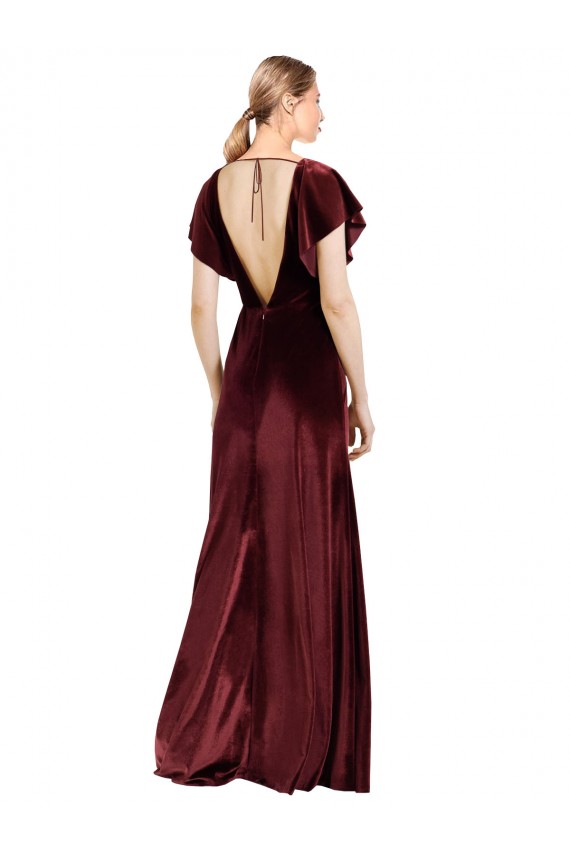 Compra Borgoña línea A Cuello en V Terciopelo Elástico Largo Vestidos de dama de honor / Vestidos de fiesta