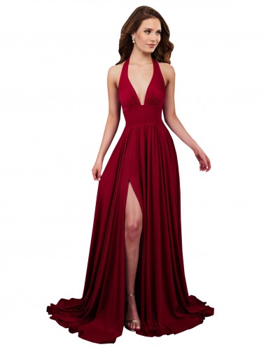 Compra Borgoña línea A Halter Cuello en V Spandex Largo Formales Vestidos de dama de honor / Vestidos de fiesta