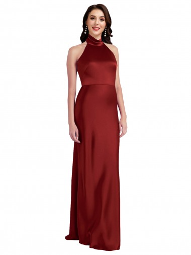 Compra Borgoña línea A Halter Satén elástico Largo Formales Vestidos de dama de honor / Vestidos de fiesta