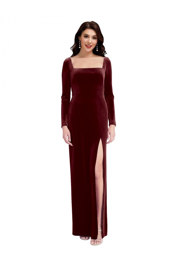 Compra Borgoña línea A Tirantes espagueti Cuadrado Terciopelo Elástico Largo Vestidos de dama de honor / Vestidos de fiesta