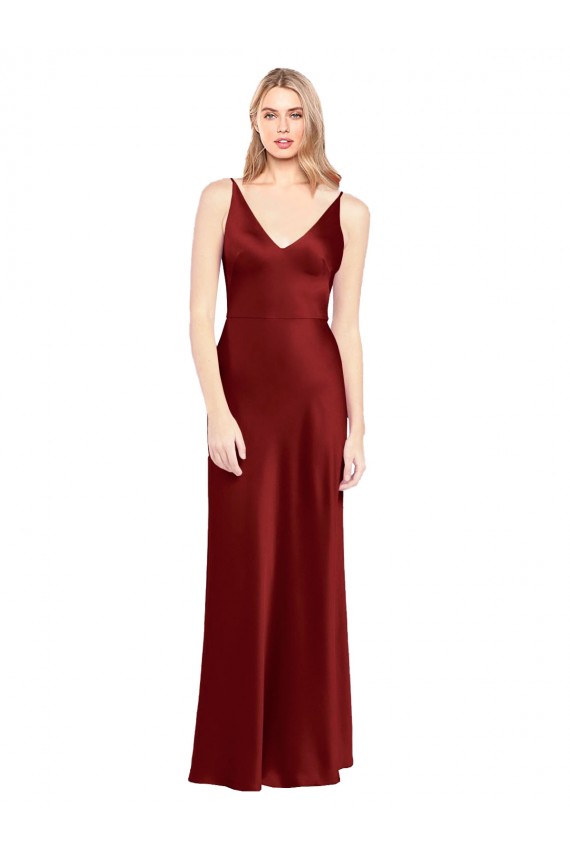 Compra Borgoña línea A Tirantes espagueti Cuello en V Satén elástico Largo Formales Vestidos de dama de honor / Vestidos de fiesta