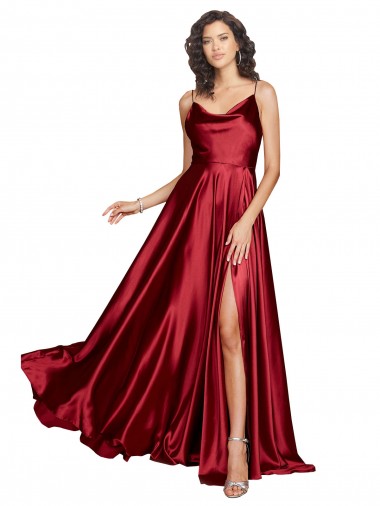 Compra Borgoña línea A Tirantes espagueti Satén sedoso Largo Formales Vestidos de dama de honor / Vestidos de fiesta