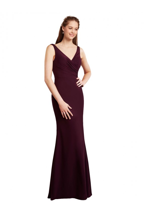 Compra Borgoña oscuro Sirena Cuello en V Gasa Largo Vestidos de dama de honor