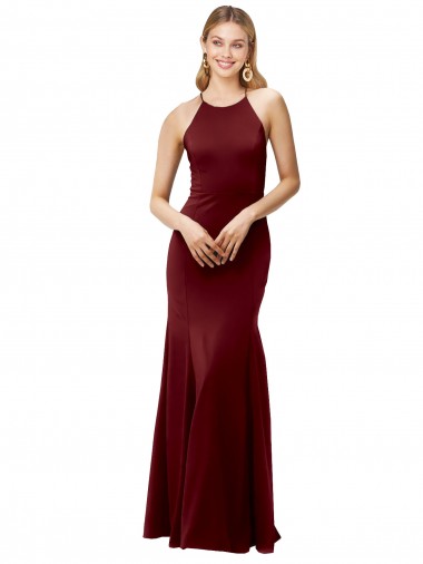 Compra Borgoña oscuro Sirena Halter Cuello Alto Crepé Elástico Largo Formales Vestidos de dama de honor / Vestidos de fiesta