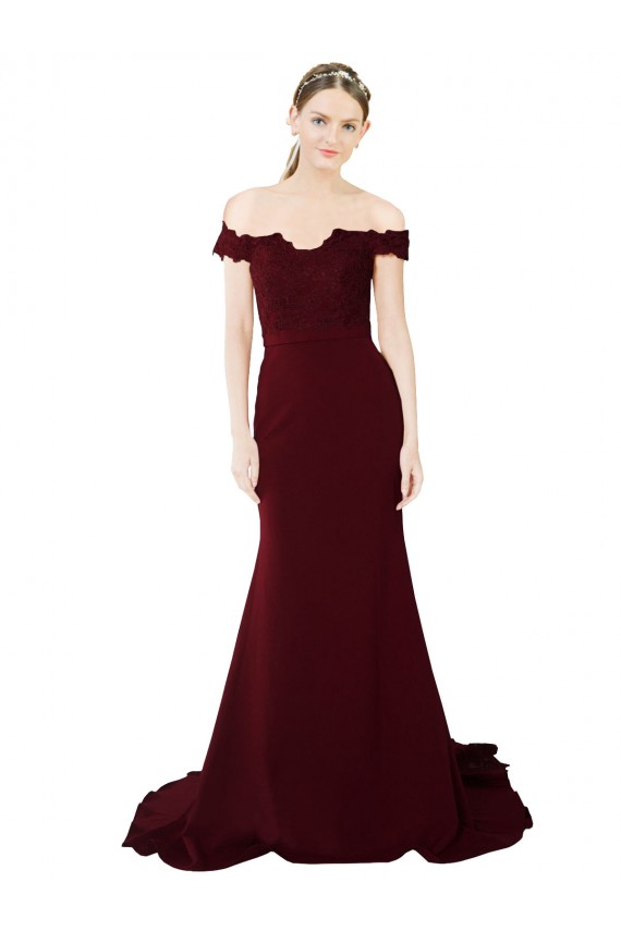 Compra Borgoña oscuro Sirena Hombros Descubiertos Barrer tren Crepé Elástico Encaje Largo Formales Vestidos de dama de honor / Vestidos de fiesta