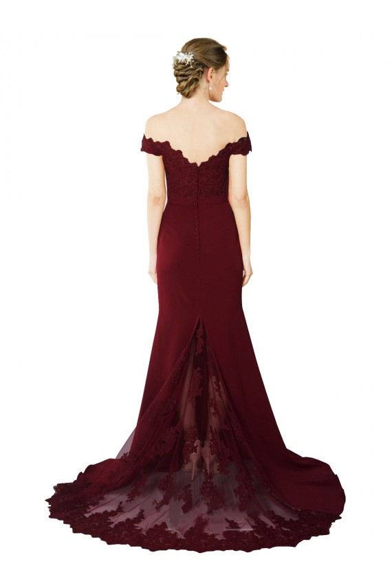 Compra Borgoña oscuro Sirena Hombros Descubiertos Barrer tren Crepé Elástico Encaje Largo Formales Vestidos de dama de honor / Vestidos de fiesta