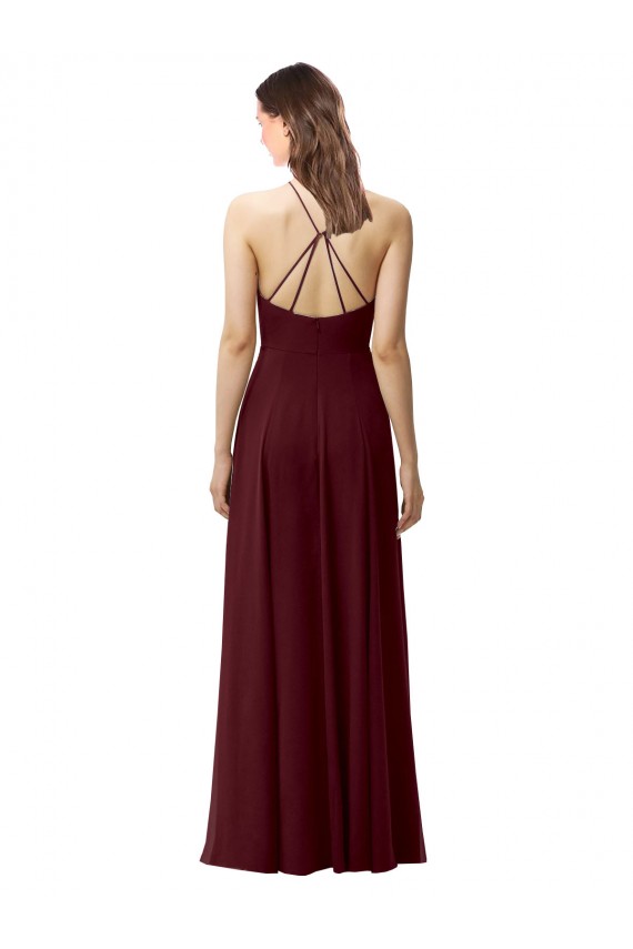 Compra Borgoña oscuro línea A Halter Cuello Alto Gasa Largo Vestidos de dama de honor