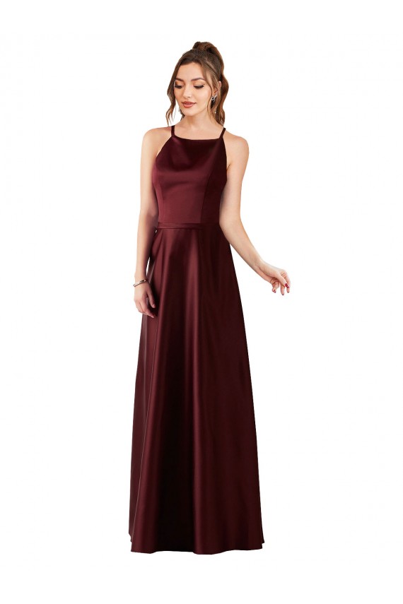 Compra Borgoña oscuro línea A Halter Satén Largo Vestidos de dama de honor / Vestidos de fiesta