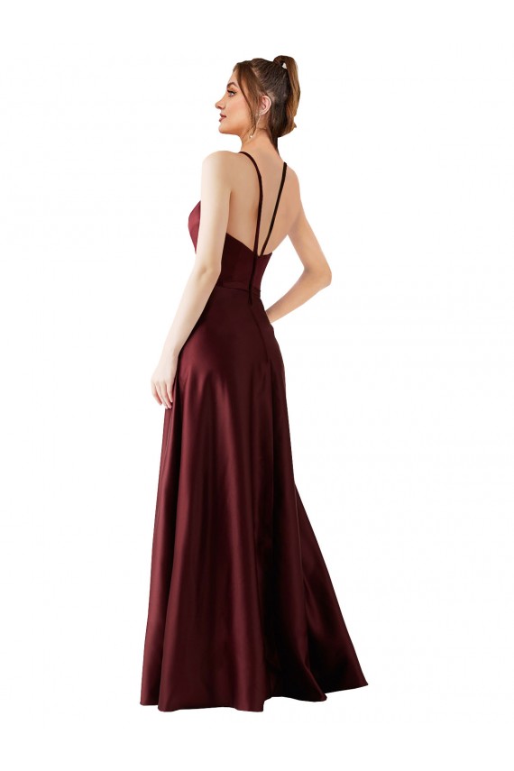 Compra Borgoña oscuro línea A Halter Satén Largo Vestidos de dama de honor / Vestidos de fiesta