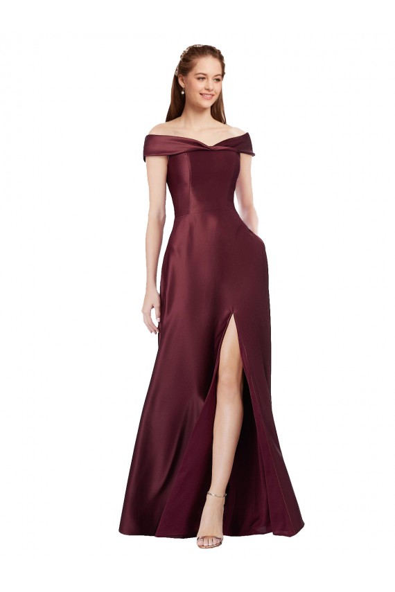 Compra Borgoña oscuro línea A Hombros Descubiertos Sin tirantes Satén Largo Formales Vestidos de dama de honor / Vestidos de fiesta