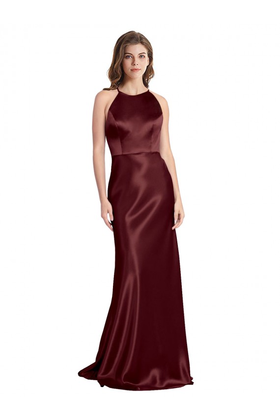 Compra Borgoña oscuro línea A Tirantes espagueti Cuello en V Satén elástico Largo Formales Vestidos de dama de honor / Vestidos de fiesta