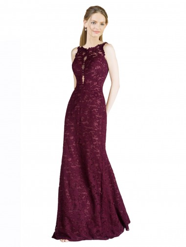 Compra Borgoña oscuro línea A Ilusión Cuello Alto Encaje Largo Vestidos de dama de honor / Vestidos de fiesta