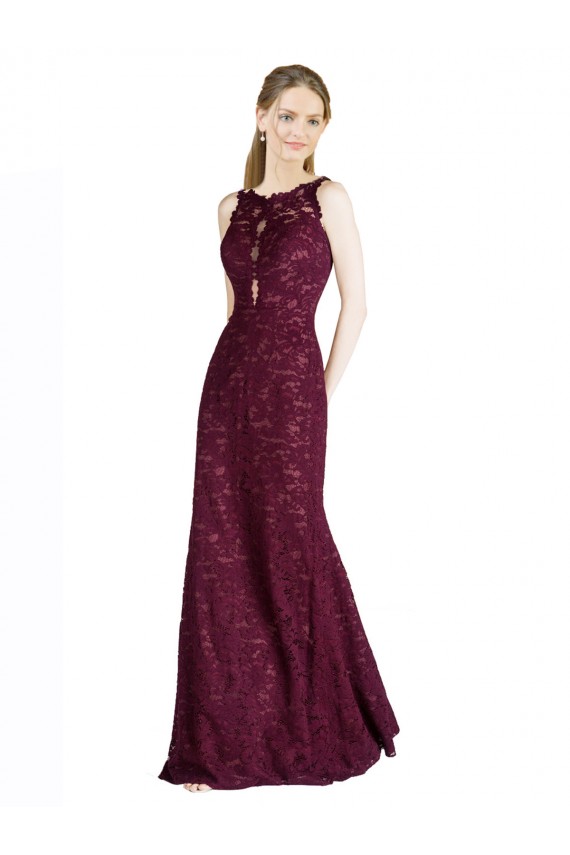 Compra Borgoña oscuro línea A Ilusión Cuello Alto Encaje Largo Vestidos de dama de honor / Vestidos de fiesta