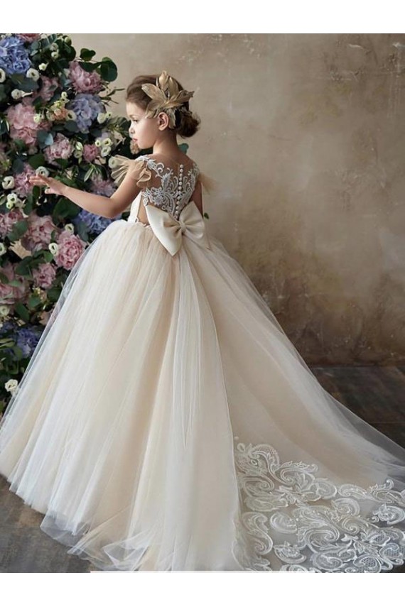 Compra Champán Cuello de Corazón Cola capilla Tul Encaje Largo vestidos de niña de las flores