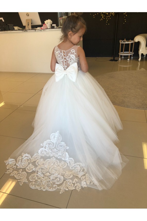 Compra Champán Cuello de Corazón Cola capilla Tul Encaje Largo vestidos de niña de las flores