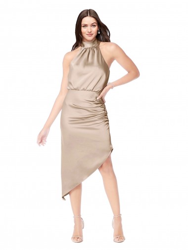 Compra Champán Rosa línea A Halter Midi Satén sedoso Corto Asimétrico Vestidos de dama de honor / Vestidos de fiesta / Vestidos de cóctel / Vestidos para homecoming