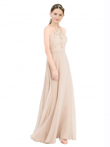 Compra Champán línea A Halter Cuello Alto Gasa Encaje Largo Vestidos de dama de honor / Vestidos de fiesta