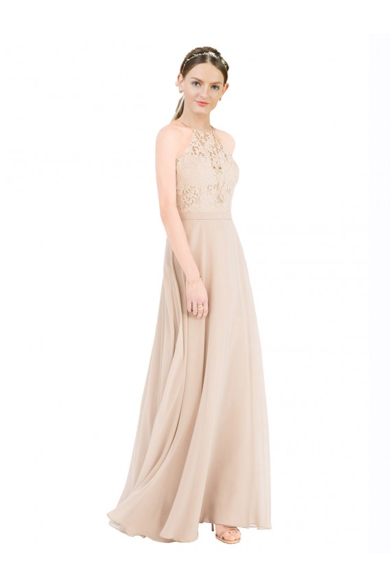 Compra Champán línea A Halter Cuello Alto Gasa Encaje Largo Vestidos de dama de honor / Vestidos de fiesta