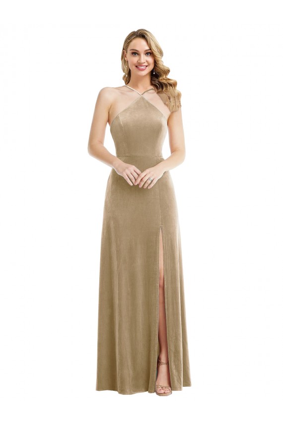 Compra Champán línea A Halter Cuello Alto Terciopelo Elástico Largo Vestidos de dama de honor / Vestidos de fiesta