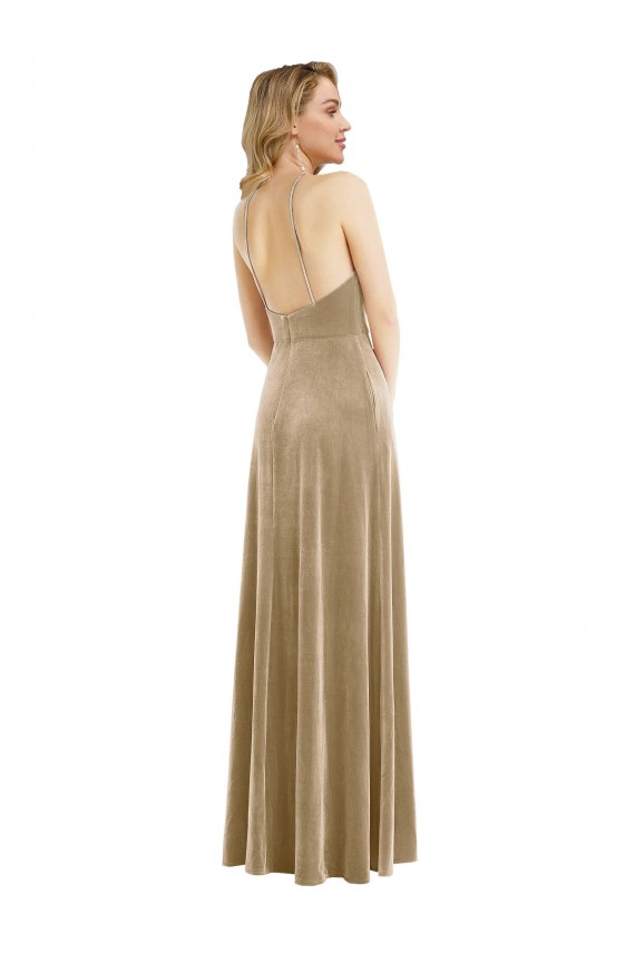 Compra Champán línea A Halter Cuello Alto Terciopelo Elástico Largo Vestidos de dama de honor / Vestidos de fiesta